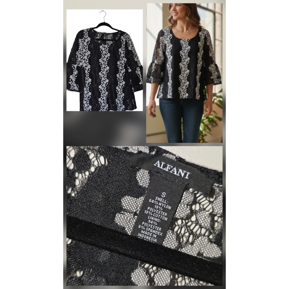 Alfani Floral Mesh Layered Bell Sleeve Ruffle Blouse Black Neutral size ‎ Small